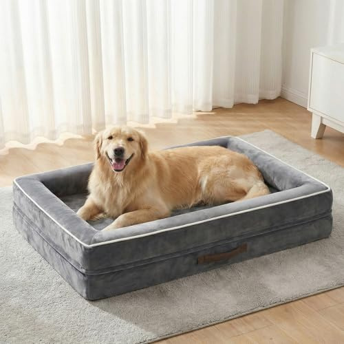 Renvix XL Orthopedic Dog Bed, Waterproof Dog Sofa Bed with Removable Washable Cover, Soft Egg Foam Pet Bed, Non-Slip Bottom and Four-Sided Bolster Cushion（Gray, 117x76x19cm）
