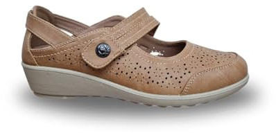 Cushion Walk Wide Fit Ladies Mary Jane Comfort Shoes Womens EEE Loafer Sandals Wedge Summer Holiday Touch Strap UK 4-8 (Tan, UK Footwear Size System, Adult, Women, Numeric, X-Wide, 5)
