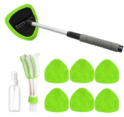 Sandfren 9PCS Car Windshield Cleaner Tool, Vehicle Window Cleaning Kit with 6 Reusable Pads Spray Bottles Ventilation Brush Extendable Handles, Auto Inside Glass Wiper Set, Universal Fit(Green)