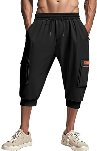 Mens 3/4 Length Shorts Cuffed Mens Cargo Capri Shorts Three Quarter Jogging Short Comfy Running Short Trendy Harem Capris Drawstring Yoga Capri Summer Sporty Cropped Trousers For Everyday Wear