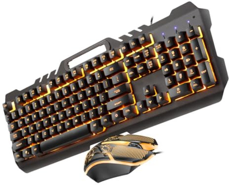 Gatuida Combo Teclado Mecánico Retroiluminado y Ratón USB para Oficina y Juegos, Diseño Metálico Efecto RGB Naranja, Accesorio Estable y Resistente para PC y Portátil