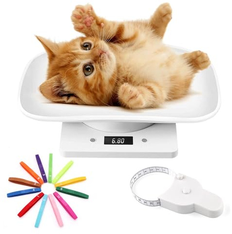 3-in-1 Pet Weighing Scale Set for Small Pets – 15kg Digital Animal Scale with LCD Display, Measuring Ruler & 15 Color-Coded Puppy Collars – Ideal for Kittens, Puppies, Hamsters, White