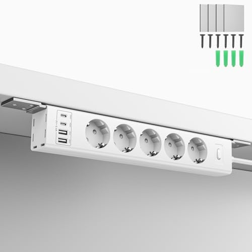 Multiprise montable pour Montage Mural et sous Plan de Travail, 4000W, 5 Prises + 4 USB (2 USB-C PD20W + 2 USB-A 18W), parafoudre, câble Invisible 2m – Bureau, Cuisine, Atelier, Maison