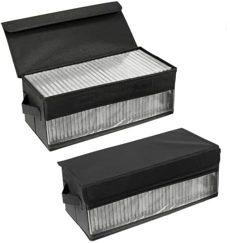 QWORK® 2 Pack CD Storage Boxes,14.2x6.3x5.5/36x14x6cm, Black Fabric Organizer for 30 Standard CD Cases, 60 Slim Cases, or 165 CD Sleeves