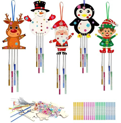 LEPZUR 5 Pcs Noël Carillons Diy Et 12 Pcs Pendentif En Bois De Noël Carillons Bricolage Pour Enfant Carillon À Fabriquer En Bois Carillon À Peindre Père Noël Renne Loisir Créatif Fille Garçon