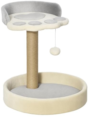 PawHut Árbol Rascador para Gatos 2 Camas Poste de Yute 44 cm Gris Claro | Árbol para Gatos, Torre de Escalada, Juguete Colgante