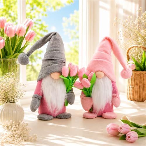 2 Stück Frühling Wichtel mit Tulpen Blumensträuße,Stehende Niedliche Wichtel mit Tulpen Blumensträuße,Ostern Wichtel Puppen,Frühlingdeko Wichtel Figuren,für Freundin Mama Hochzeitstag Muttertag