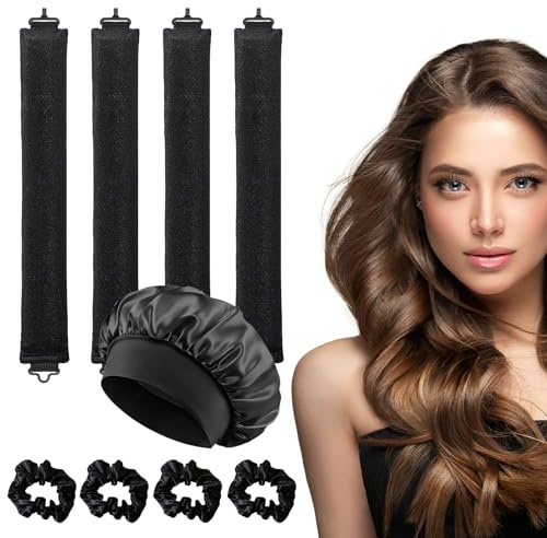 4 Stück Heatless Hair Curler, Satin Heatless Curling Rods, Heatless Curls Blowout Rods with Satin Silk Bonnet + 4 Hair Ties, No Heat Over Night Blowout Rods for All Hair Types, Sleep DIY