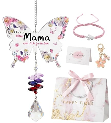 Mama Geschenk – Schmetterling Kristall Sonnenfänger 5er Set, Muttertagsgeschenk & Geburtstagsgeschenk für Mutter, Glücksbringer Anhänger aus Kristallglas Weihnachten, Valentinstag von Tochter Sohn