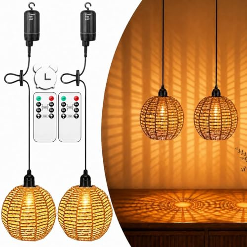 Shengruili 2 Stück Rattan Hängelampe,Hängeleuchte Rattan mit Fernbedienung | Boho Lampeschirm für Patio Bar Garten Terrasse Wohnzimmer Schlafzimme