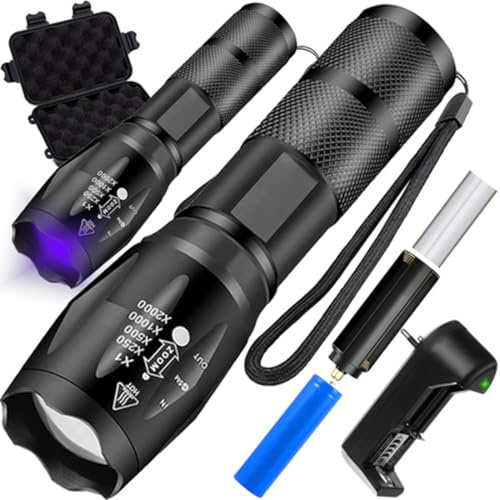 Linterna LED Recargable XPE UV 2 en 1 – CREE XPE 5W, Zoom x2000, Luz Blanca + UV, Aluminio Impermeable – Linterna Táctica con Batería para Camping, Caza y Emergencias