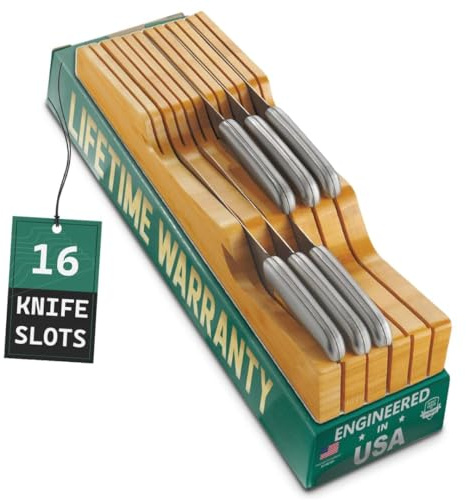 Bellemain 100% Pure Bamboo in Drawer Knife Block | 16 Knife Slots Knife Drawer Organizer | Store Knives Safely with The Blades Down | Storage Solution for Your Kitchen | Knife Organizer Drawer Insert