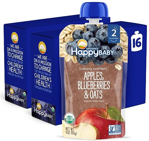Happy Baby Organics Stage 2 Baby Food Pouches, Gluten Free, Vegan & Healthy Snack, Clearly Crafted Oat & Fruit Puree, Apples, Blueberries & Oats, 4 Ounces (Pack of 16)
