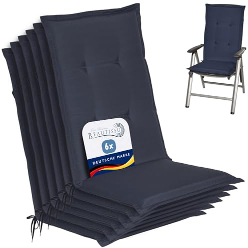 Beautissu 6er Set Gartenstuhlauflage HL für Hochlehner Gartenmöbel Füllung | 120x50x6cm Dunkelblau weiche Polster Auflage Sitzpolster Sitzkissen Stuhlauflage Schaumkern stuhlauflagen garten Loft