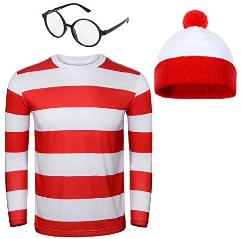 NUWIND T-Shirt à Rayures Rouge et Blanche Lunettes Beanie Bonnet Tricoté Chapeau Costume Outfit Suit Set Halloween Cosplay Props de Fête pour Hommes Adultes