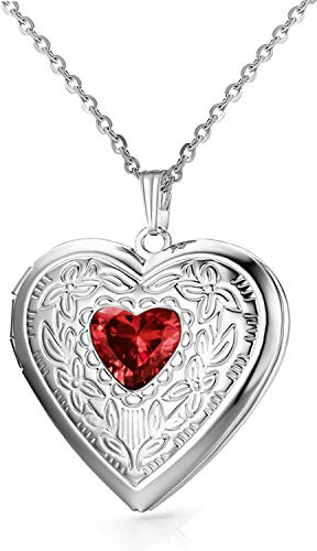 Collier avec médaillon avec pierres de naissance pouvant contenir des photos en forme de cœur - Cadeau d'anniversaire, Cristal, Cristal