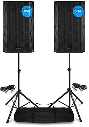 Vonyx VSA15 Active PA Speaker Pair with Adjustable Tripod Stands & 6m XLR Cables - 2000W Bi-Amplified Powered DJ Sound System Set