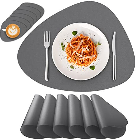 Deyooxi Tischsets Abwaschbar - 6er Set Platzsets Oval mit Untersetzer rutschfest Platzdeckchen Doppelseitigen Tischsets, PU Kunst Leder Hitzebeständig - 41.5×31cm,Grau