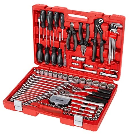 Rothewald Industrie-Werkzeugsatz, 122 Teile, Metrisch, Steckschlüssel- Und Bitsatz, Feinverzahnte Knarren, Spezial-Stecknüsse, Ideal für Motorrad, Auto, Hobby & Haushalt