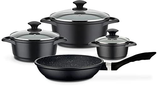GSW Set di pentole e padelle Gourmet Granito – Set di alta qualità composto da pentole e padella, con coperchio, anche per cottura a induzione e forno, 7 pezzi, nero