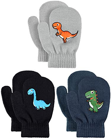Geyoga 3 Paar Kinder Winter Fäustlinge Dehnbar Stricken Handschuhe Dinosaurier Warme Vollfinger Fäustlinge (Stilvoller Stil)