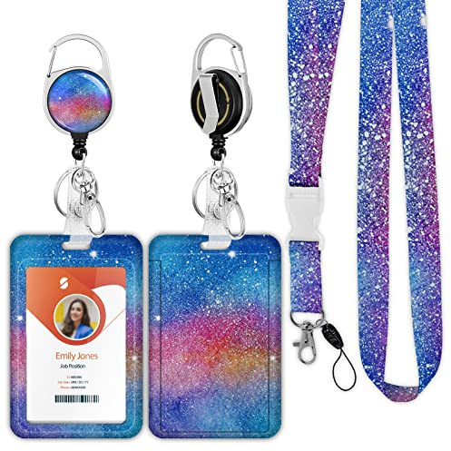 ID Badge Holder mit Lanyard, einziehbare ID Badge Card Holders Abnehmbare Hals Lanyard Strap mit Badge Reel und vertikale ID-Halter für Krankenschwester Studenten (Rainbow Starry Sky)