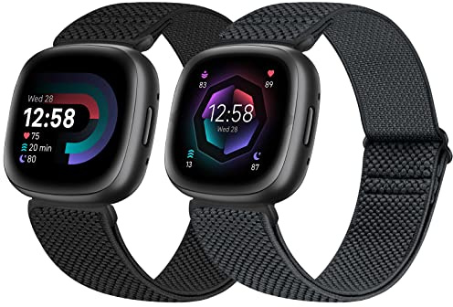 enkic 2 Pack Elastic Watch Strap Compatible with Fitbit Versa 4/3/Sense 2/Sense, Adjustable Nylon Loop Sport Strap, Stretchy Replacement Wristband, Black+Gray