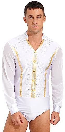 Agoky Herren Ballett Trikot Latein Body V-Ausschnitt Leotard Lange Mesh Ärmel Glänzend Gymnastikanzug Turnanzug Tanzbekleidung Weiß M