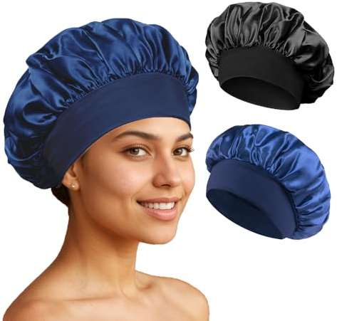 PUOKOTUL 2 Stück Seidenhaube Zum Schlafen Satin Haarhaube Bonnet Sleep-Cap Atmungsaktive Schlafhaube Seide Haarhaube für Die Nacht Elastische Breites-Band für Waschen Hautpflege，Marineblau
