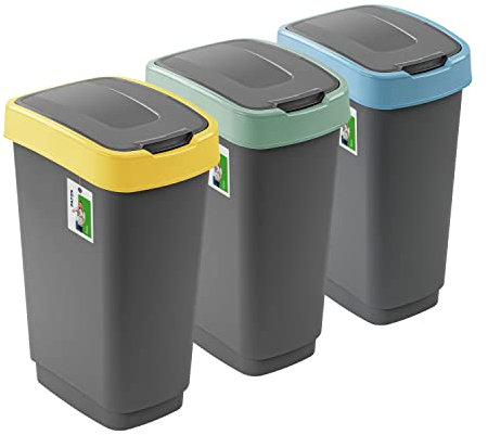 PAFEN 3x Mülleimer SET Mülltrennung 50L - 41 x 30 x 61,5cm - Abfallbehälter Mülltonne mit Spezialklappe Abfalleimer Abfalltonne Behälter für Recycling