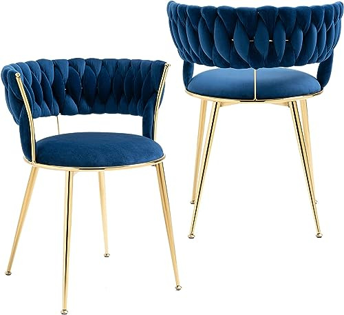 SUPPNEED Samt-Esszimmerstühle 2er Set, gepolsterter Wohnzimmerstuhl mit gewebter Rückenlehne und goldenen Metallbeinen, Beistellstuhl für Esszimmer, Wohnzimmer, Küche (Blau)