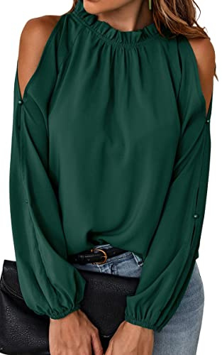 Toplop Blusa para mujer de manga larga con hombros descubiertos: Parte superior elegante y festiva, sexy, para otoño y primavera, casual, túnica, blusa carmen con volantes, cuello redondo, A-verde., L
