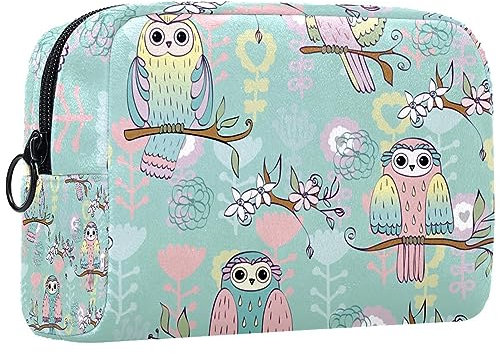 Kleine Schminktasche für Damen,Schminktasche, Reisekosmetiktasche,Cartoon Bunte Eulen Drucken