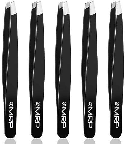 HSYTEK Lot de 5 pinces à épiler inclinées pour poils du visage, femmes et hommes – Pince à épiler de précision professionnelle en acier inoxydable parfaitement soigné pour les cils et les sourcils –