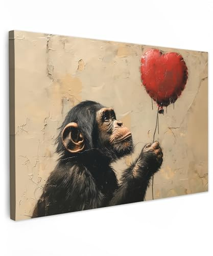 MuchoWow© Leinwand Groß XXL Deko Schlafzimmer Aesthetic Leinwandbilder | 120x80 cm - Wohnzimmer Gemälde Foto Geschenk Living Room Decoration Street art - Chimpanzee - Tiere - Ballon - Graffiti