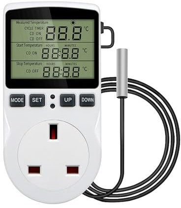 Digital Temperature Controller, 230V/13A Heating Cooling Timer Thermostat UK Plug with Sensor Probe, LCD Screen Digital Thermostat for Greenhouse Farm Refrigerator Fermentation