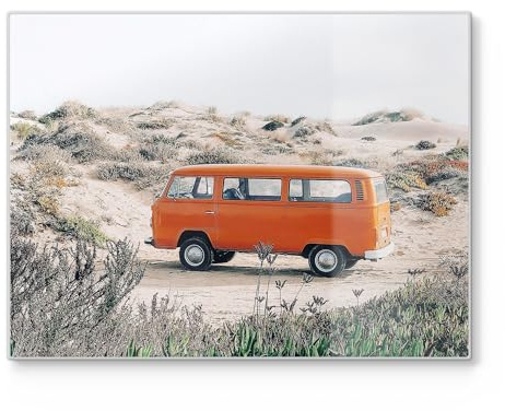 DEQORI Schneidebrett aus Glas | groß 40x30 cm | Motiv Küstenabenteuer im VW | Design Schneideplatte für Küche | Frühstücksbrett antibakteriell & rutschfest | Glasplatte & Servierplatte