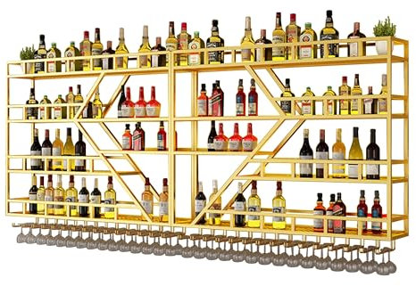 Weinregal Wand Metall Flaschenregal Schmal Wine Rack Bar Regal Wand Weinschrank Hausbar Barschrank Getränke Regal mit Weinglashalter Licht für Bartheke Wohnzimmer Küche Esszimmer(Gold-blue light,180cm