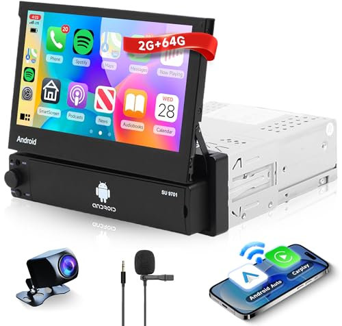 2G+64G Wireless Carplay Android 13 Radio de Coche 1 DIN con Android Auto Navi GPS WiFi 7 Pulgadas Retráctil Pantalla Radio con Mirror Link Bluetooth FM/RDS/Dab/EQ/DVR/SWC Cámara Trasera