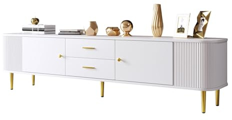 TV-Schrank mit Schubladen, geschwungenen Ecken, Wohnzimmer-TV-Schrank mit gewellten Seiten, goldenen Griffen und Beinen