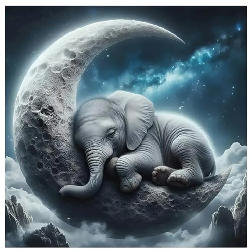 SHEGZHUC 40x40cm Diamond Painting Elefant auf dem Mond Diamond Painting Tiere Diamant Painting Bilder Elefant Mosaik Diamant Malerei Kunst Stickerei Kreuzstich Bilder Geschenk Wanddekoration