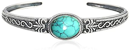 LIUYUYOUGO Armband Aus Sterlingsilber Versilbertes Armband Für Frauen Oval Türkis Inlay Armbänder Armreif Distressed Geschnitzte Filigrane Manschetten Armreifen Verstellbare Offene Armbänder Boh