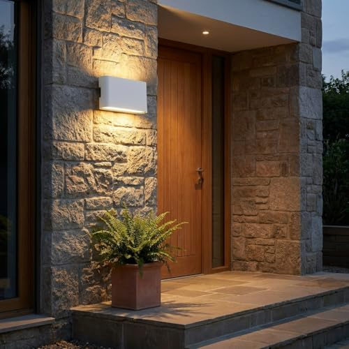 Alpinaluz Aplique de Pared LED Integrado 12W 2700K de Aluminio Blanco, Difusor de Cristal Mate y Luz Arriba y Abajo, IP54 para Uso Interior y Exterior Cubierto, Moderno para Baño, Balcón o Patio