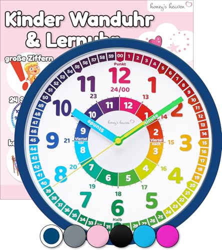 Honey's Heaven Wanduhr für Kinder - Lernuhr zum Lernen der Uhrzeit - analoge Kinderuhr ohne Tick Geräusche, mit lautlosem Uhrwerk - Kinderzimmer Deko für Jungen und Mädchen (Dunkelblau)