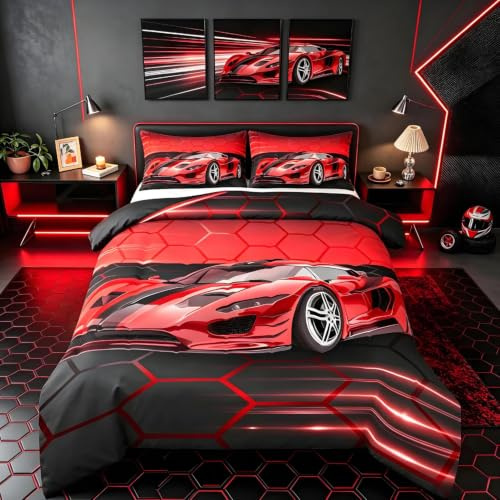 Homemissing Rotes Rennwagen Bettbezug Set Jungen Mädchen Extreme Sport Sportwagen Bettwäsche Set 135x200cm Kinder Jugendliche Geschwindigkeit Auto Thema Bettwäsche mit 1 Kissenbezug 80x80cm
