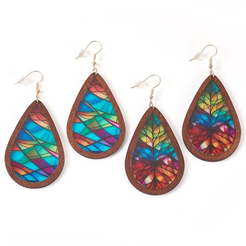 FASHEWELRY Boucles d'Oreilles Pendantes en Bois Vintage Style Ethnique - Goutte d'Eau Acrylique avec Motifs Colorés pour Femmes