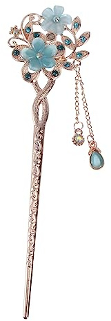 Épingle à Cheveux Chinoise Vintage en Alliage, Double Fleur Azur | Ornement à Pompon, Style Créatif pour Shopping et Célébrations, pour Femmes et Dames