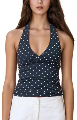 Auriselle Damen Y2K Weste Top Sexy Gepunktet Neckholder Camisole Verstellbarer Spaghetti Strap Tank Top Rückenfreies Oberteil Tiefer V-Ausschnitt Slim Fit Ärmellos Cami Sommer T-Shirt, Schwarz, S
