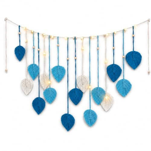 IHONYI Boho Deko - Makramee Wandbehang,Wandteppich Chic Tapisserie Fransengirlande Mit 3M LED Lichterkette,Handgewebt Girlande Boho Wanddeko Für Wohnzimmer/Schlafzimmer/Balkon/kinderzimmer(Blau Blatt)