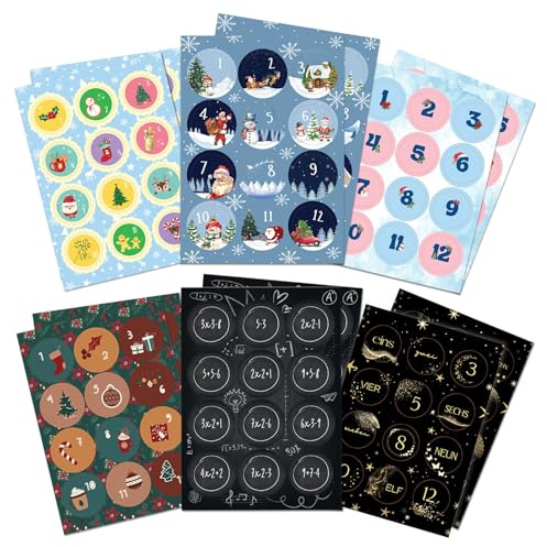 Adventskalender Zahlen Aufkleber & Sticker 1–24 – 6x24 Stück für DIY Adventskalender Tüten zum Befüllen – rund (Ø 4 cm) – Kreativ basteln mit Kindern & Erwachsenen